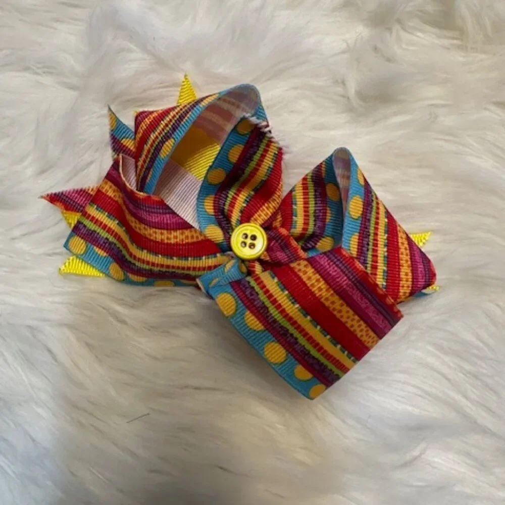 Colorful Stripes Deluxe Bow with Yellow Button Center 7846 Handmade NWT Bouti